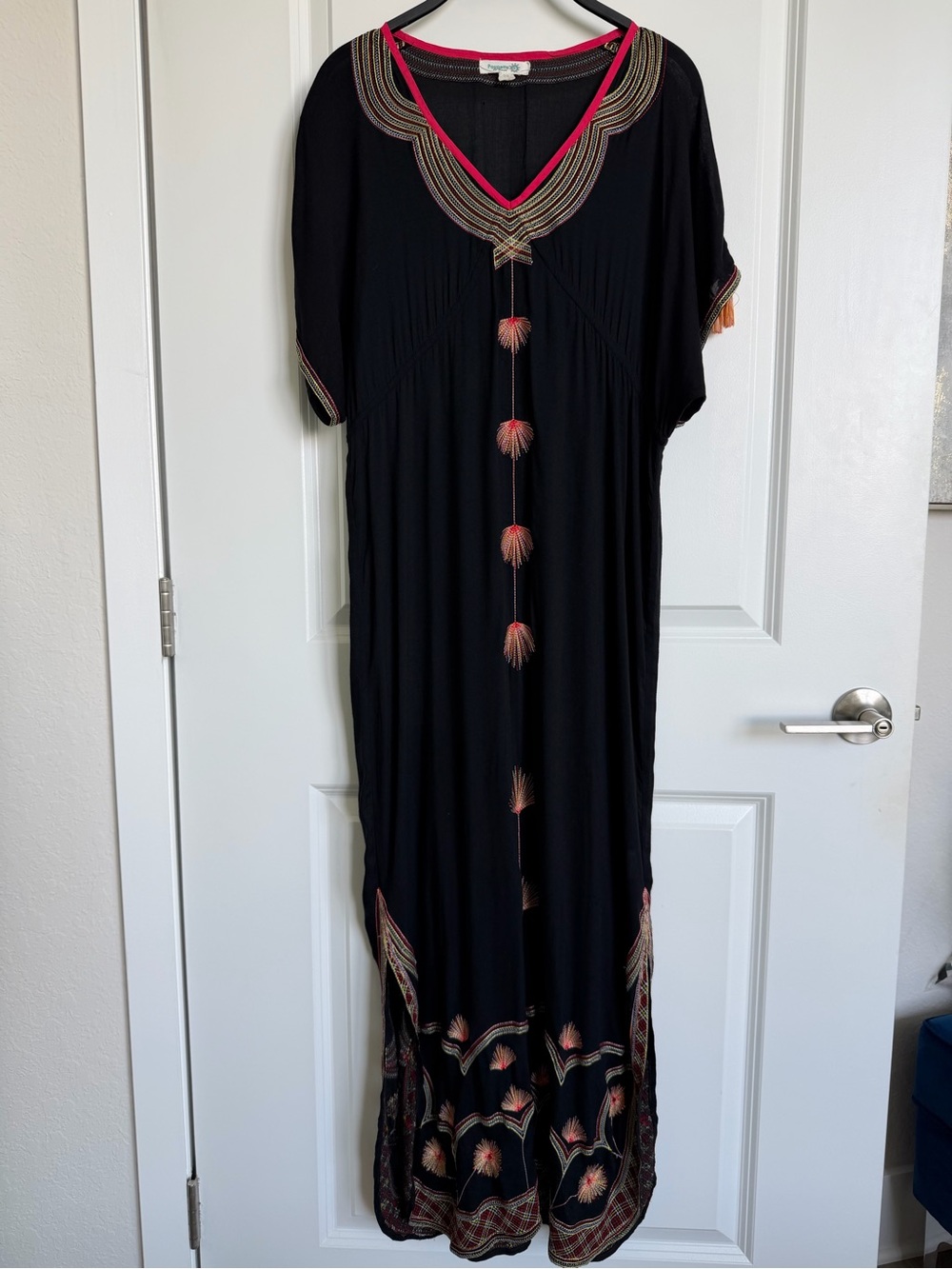 Poupette St Barth Black Embroidered Viscose Maxi Kaftan Dress One Size